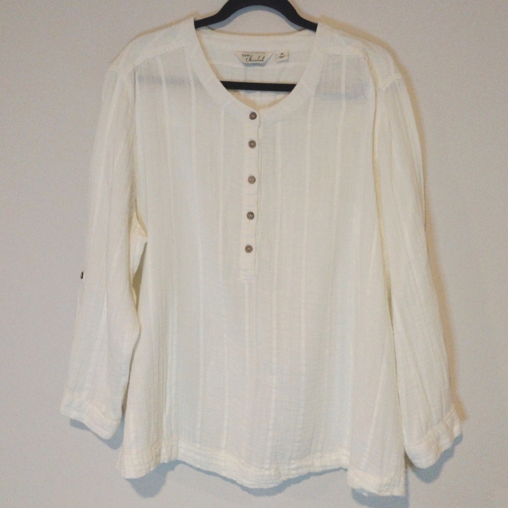 Cafe Marrakesh White Pintuck Guaze Long Sleeve Henley Shirt